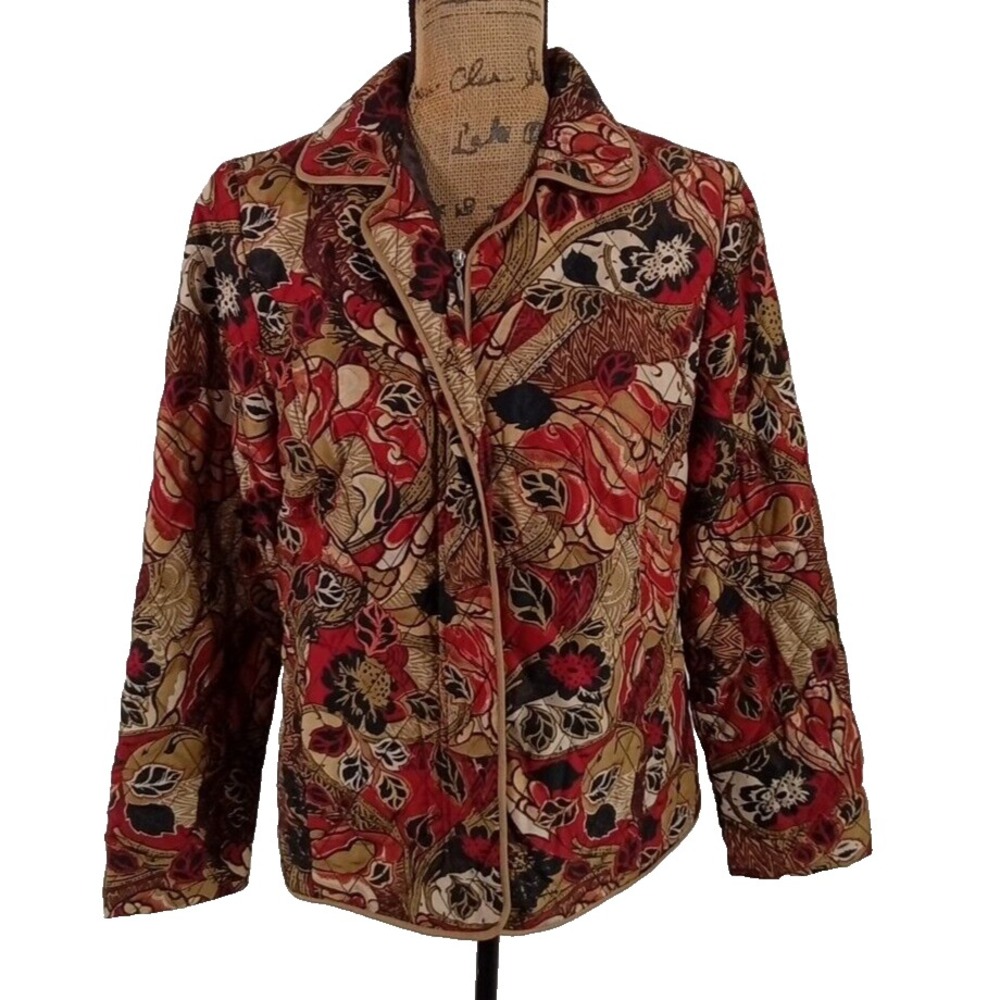 Requirements Jacket MED Red Tan Black Paisley Quilted Floral Zip Lined Button